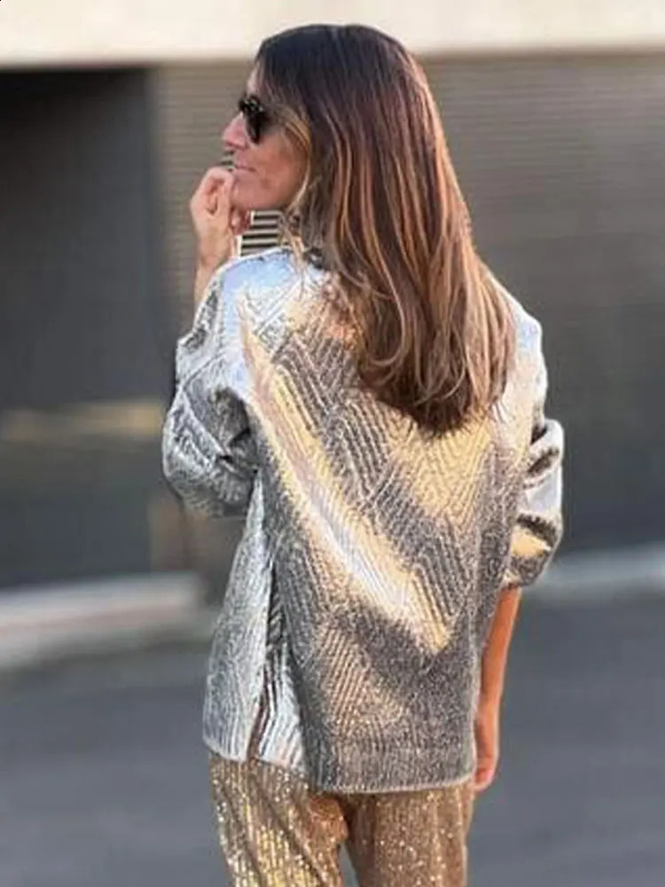 Women's Sweaters Metallic Solid Turtleneck Sweater For Women Elegant Loose Long Sleeve Silver Pullover Autumn Female Fashion Casual Chic Jumper 2