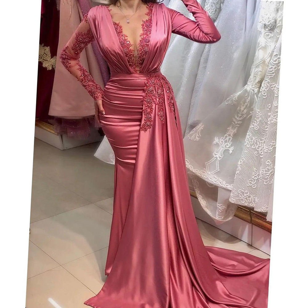 Evening Fuia Mermaid Pageant Dresses With Long Sleeve Lace Stain Side Train Aso Ebi African Fishtail Prom Reception Gown 6660305