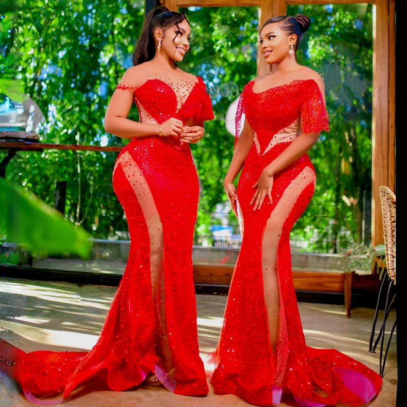 Sparkg Shine African Aso Ebi Prom Dresses Mermaid Illusion Sheer Neck Evening Formal Dress For Black Women Birthday Party Gowns Engagement Gala Vestid