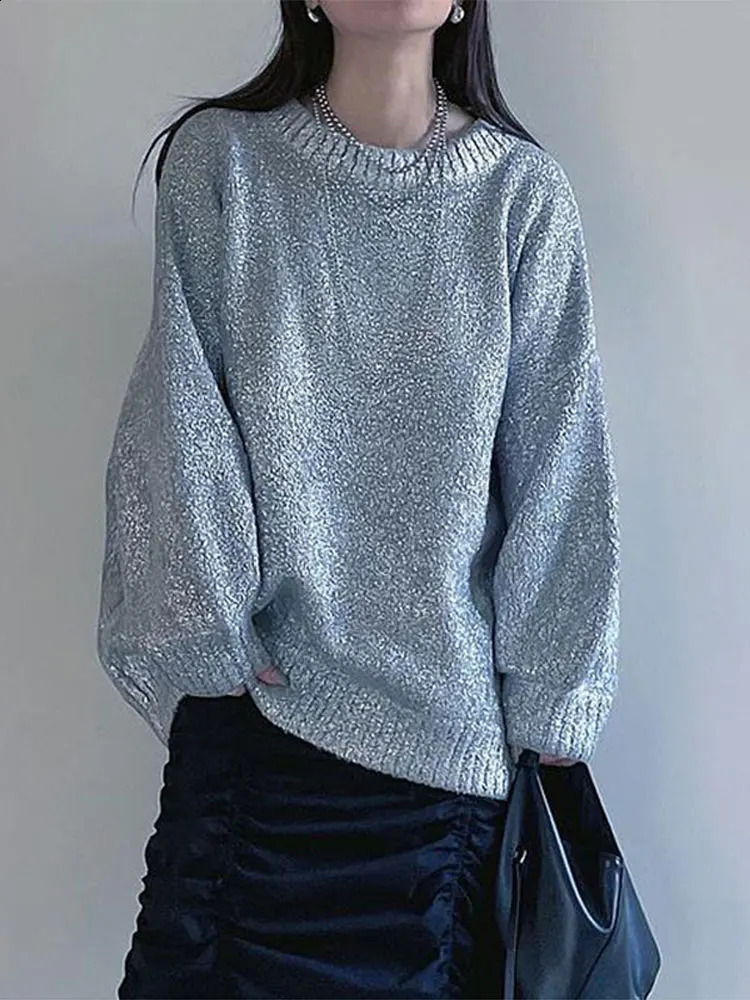Women's Sweaters Metallic Solid O Neck Sweater For Women Vintage Loose Long Sleeve Shinny Pullover Autumn Female Fashion Street Chic Jumper 23121