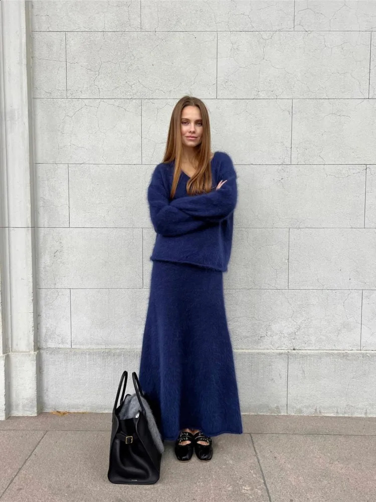 Two Piece Dress Mohair Fall Vneck Tops Midi Skirt Pieces Set Long Sleeve Sweater Suits 2023 Female Elegant Solid Warm Casual Outfits 231214