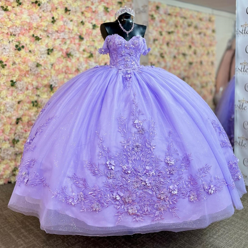 Lavender Shiny Princess Quinceanera Dresses Ball Gown Off The Shoulder Tulle Appliques Lace wer Beads Sweet 16 Dress Vestido De 15 Anos