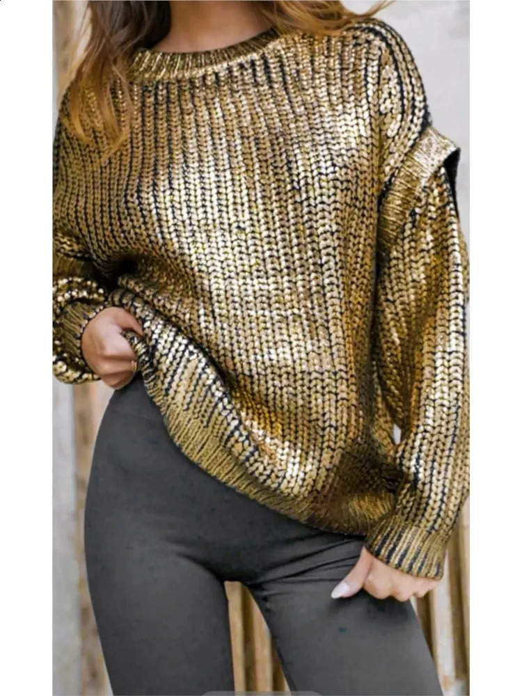 Women's Sweaters Solid Mental Color Lantern Sleeve Knit Sweaters Women Pullover Chic Thick Warm Oversized Loose Pullover Ladies Casual Knitwear 2