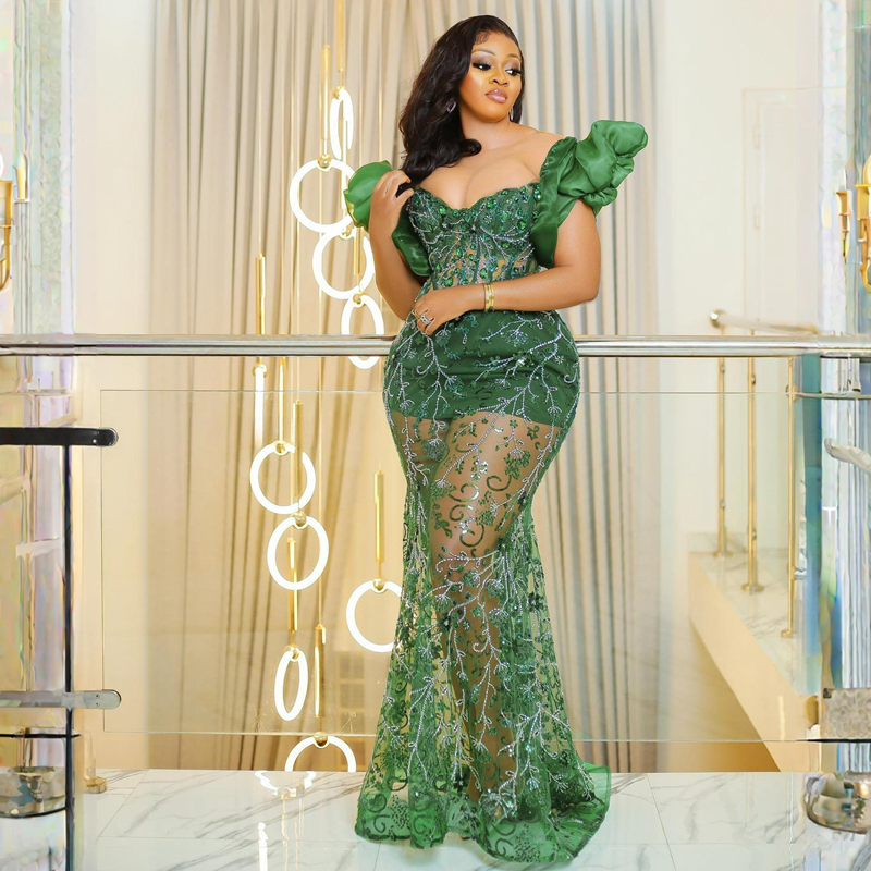Shine Emerald Green Evening Dresses Special Ocns Illusion Lace Beaded Cap Sleeves Formal Dress For African Black Girls Birthday Party Gala Prom Gowns 