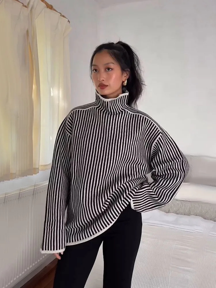 Women's Sweaters Vertical Stripe High Collar Warm Sweater Oversized Fashion Long Sleeve Thicken Pullover Autumn Women Elegant Casual Streetwear 2