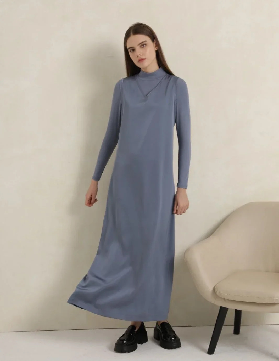 Urban Sexy Dresses AP V Neck Satin Maxi Dress Rib Modal Mock Neck Top 2024 Fall High Quality Women Dress Three Colors #2001 231214