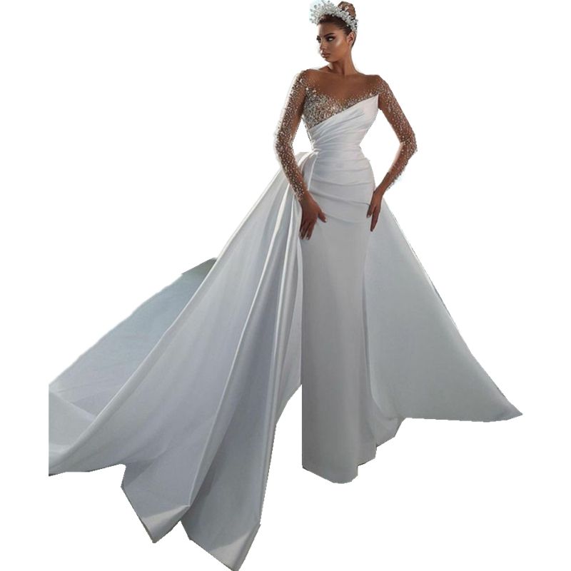 Line A Dresses Jewel Neck Satin Crystal Beads Illusion Long Sleeves Overskirts Bridal Gowns Wedding Dress Detachable Train