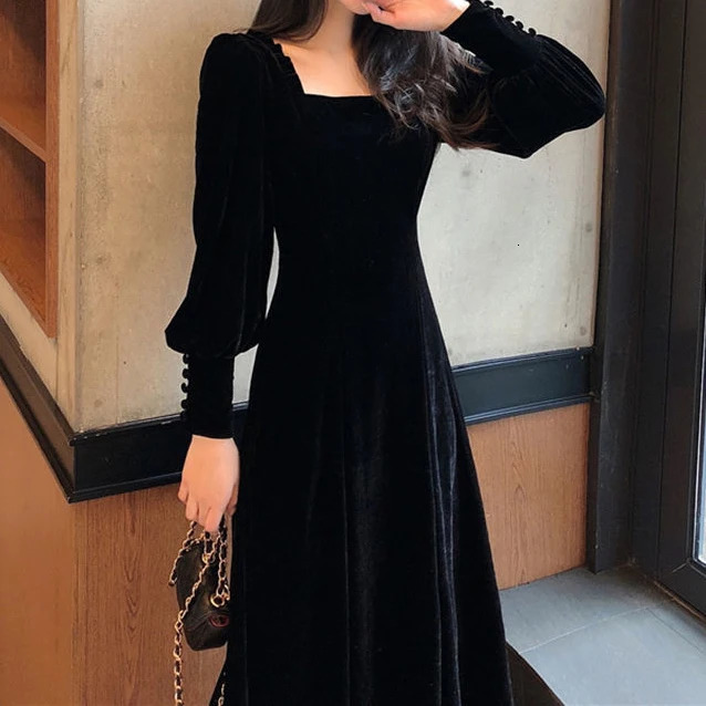 Urban Sexy Dresses French retro waist was thin black dress long-sleeved gold velvet dress autumn and winter vestido midi elegante 231215