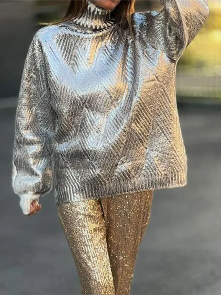 Women's Sweaters Metallic Solid Turtleneck Sweater For Women Elegant Loose Long Sleeve Silver Pullover Autumn Female Fashion Casual Chic Jumper 2