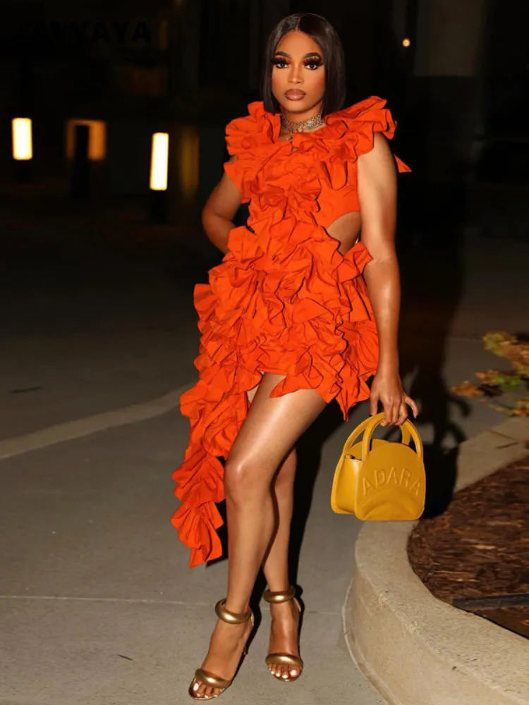 Urban Sexy Dresses CM.YAYA Women Edible Tree Fungus Tierred High Low Asymmetrical Ball Gown Dress Sexy Club Party Evening High Street Dresses 231214