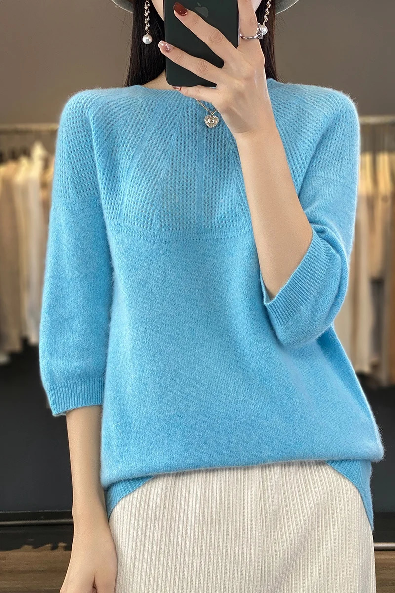 Women's Sweaters Spring Summer Woman's Sweater T-Shirt Hollow Tees Jumper Female Pullover Mid-Sleeve O-Neck Tops 100% Wool Knitted Clothes B