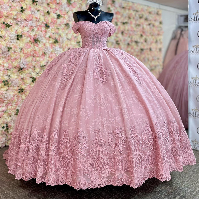 Pink Sweetheart Princess Gown Applique Lace Tull Quinceanera Dresses Sweet 15 16 Birthday Party Dress Robe De Ball 0702