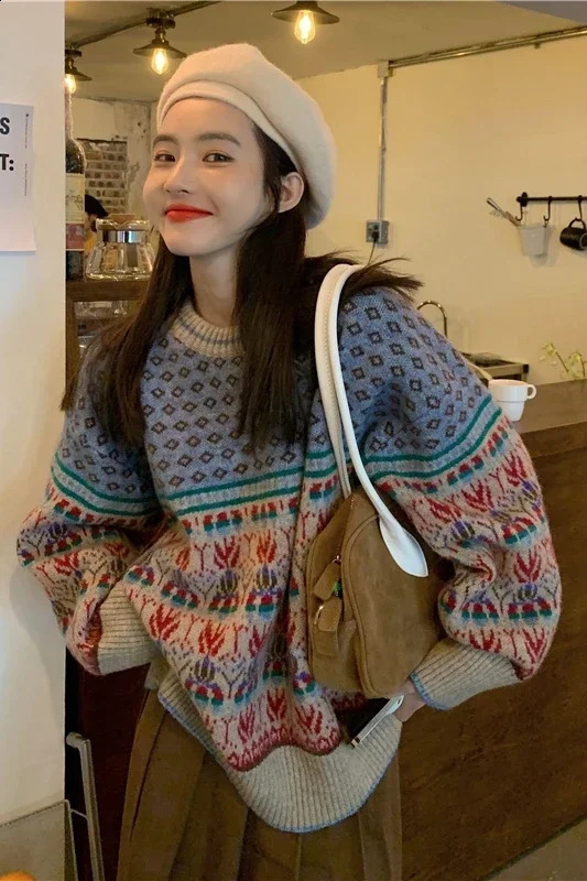Women's Sweaters Vintage Colorful Christmas Knitted Women Sweater Fashion Korean Style O-neck Knitwear for Women Retro Winter Warm Sweater Jumper