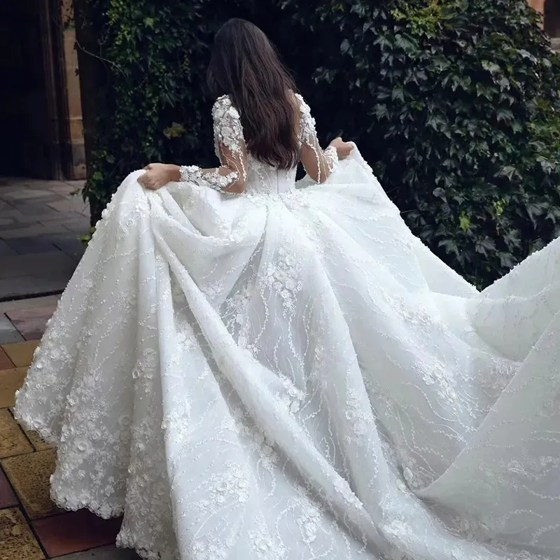 Luxury Floral Lace Wedding Dress For Bride 2024 Long Sleeves Bohemian Bridal Gown Split Side A Line Romantic Formal Dresses Court Train