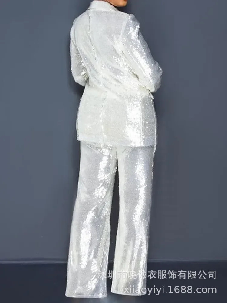 Women's Two Piece Pants European Style Slim Woman Pant Sets Sequined Bling 2 Suits Fashion Blazers and Trouser 231214