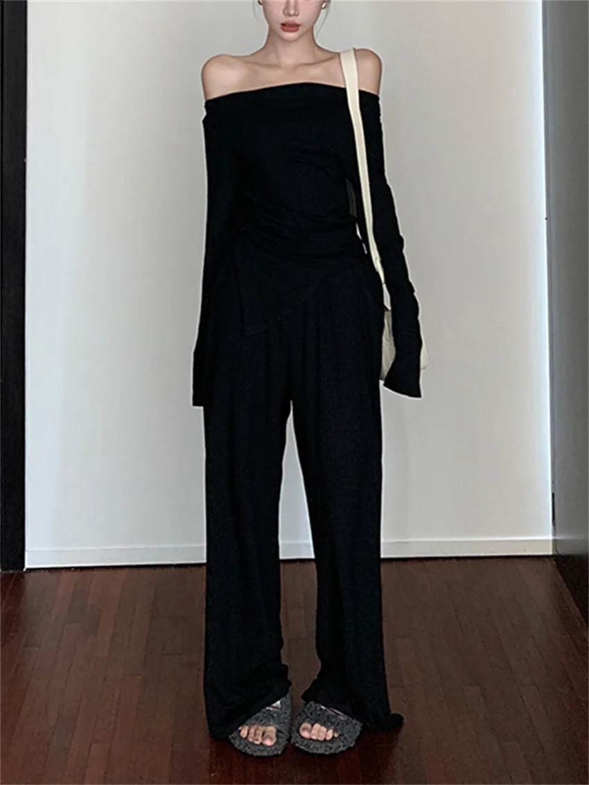 Women's Two Piece Pants PLAMTEE Women Gentle Pieces Sets Autumn Slash Neck Full Sleeve TShirt Chic Slim Wide Leg Daily Mopping Suits 231214