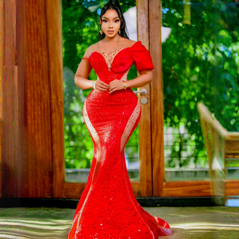 Sparkg Shine African Aso Ebi Prom Dresses Mermaid Illusion Sheer Neck Evening Formal Dress For Black Women Birthday Party Gowns Engagement Gala Vestid
