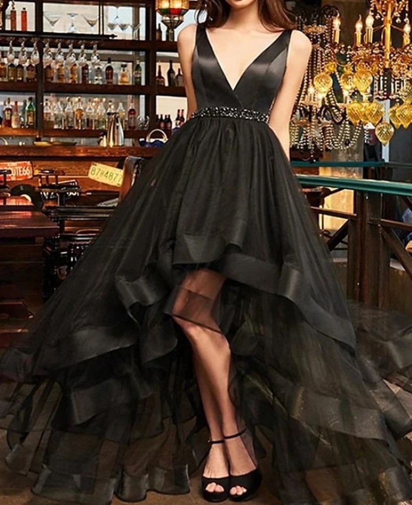 High Black Low Beaded Prom Party Dress V Neck Sleeveless Asymmetrical Tulle Birthday Evening Gowns Robe De Soiree New Design sign