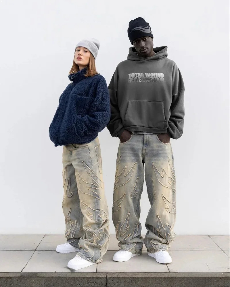 Men's Jeans 2023 American Trendy Gothic Patchwork Raw Edge Embroidered High Waist Retro Loose Buttoned Wide Leg Pant's 231214