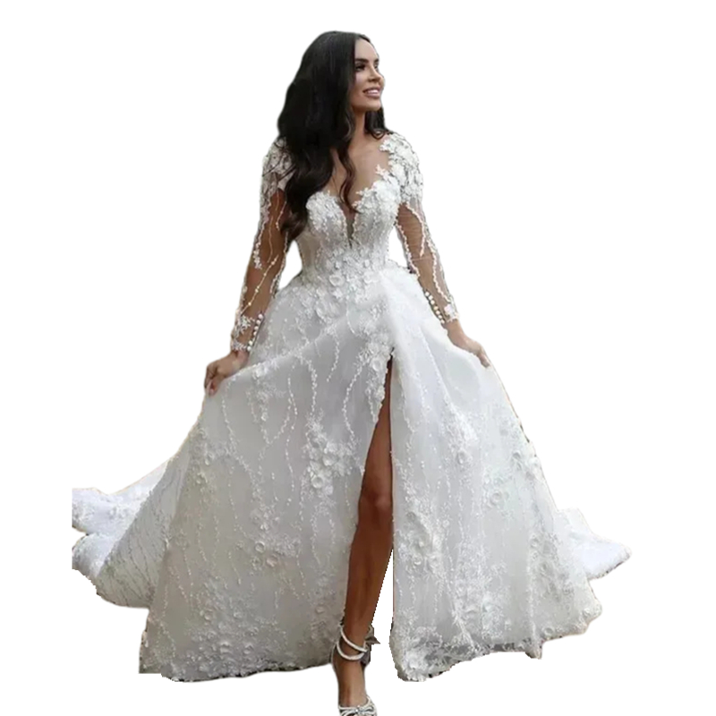 Luxury Floral Lace Wedding Dress For Bride 2024 Long Sleeves Bohemian Bridal Gown Split Side A Line Romantic Formal Dresses Court Train