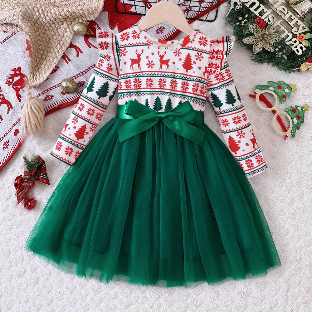 Kids Girls Christmas Dress Long Sleeve Outfits Toddler Girl Winter Clothes Party Dress Sheer Tulle For 2 3 4 5 6 7 Years 251022