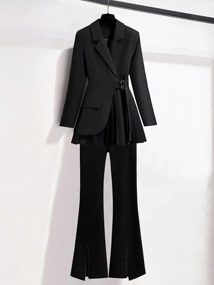 Women's Suits Blazer Office Sets Spring Long Sleeve Fold Pocket Women Solid Color Bell Bottoms Fashion Elegance Lady 231214