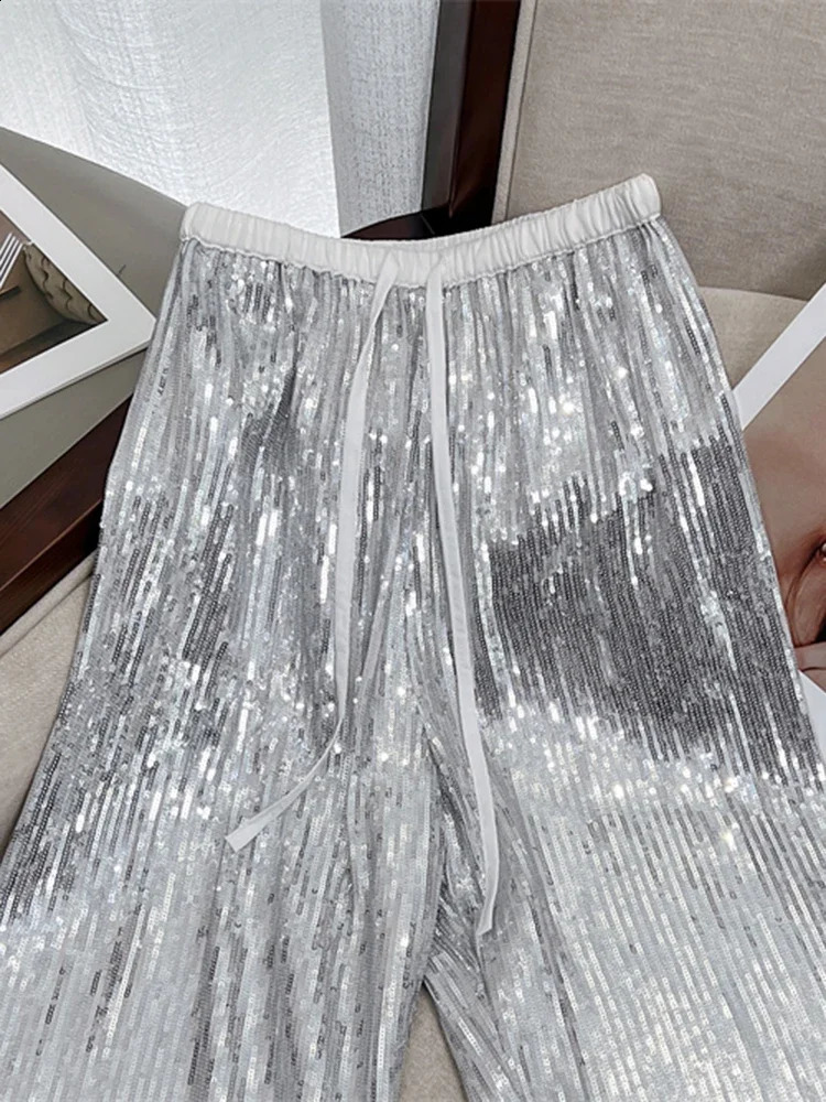 Women's Pants Capris Circyy Sequins Pants Women High Waist Glitter Pants Drawstring Loose Wide Leg Trousers Vintage Fashion Full Length Shiny Pan