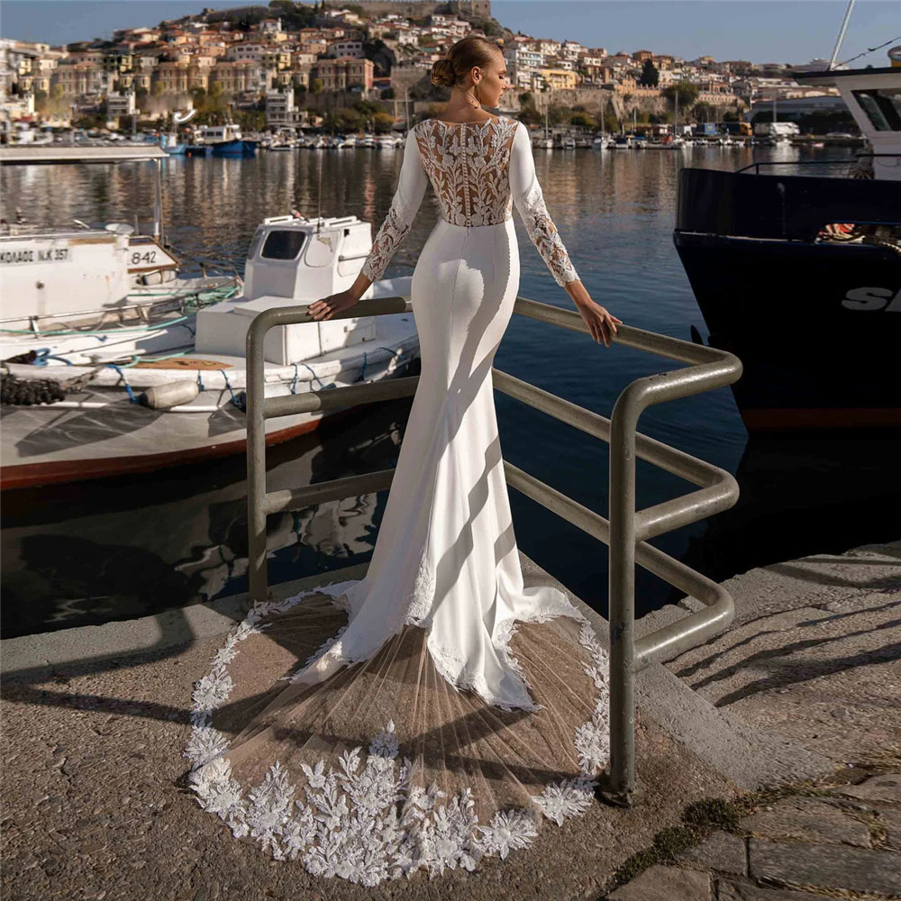 Dresses Long Civil Sleeve Beaded Appliques Mermaid Wedding Dress Scoop Neck Button Back Splice Train Bridal Gown