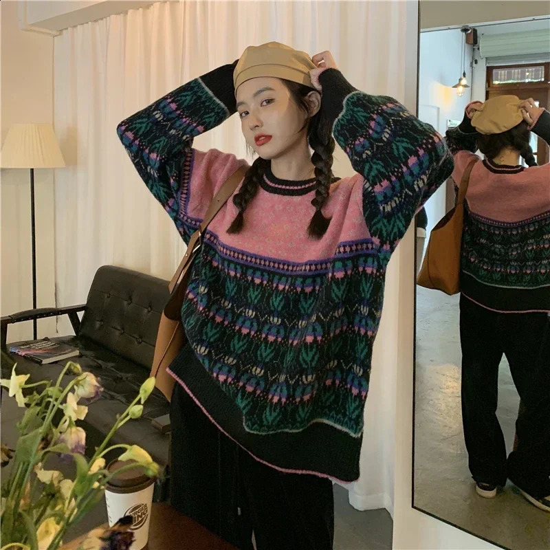 Women's Sweaters Vintage Colorful Christmas Knitted Women Sweater Fashion Korean Style O-neck Knitwear for Women Retro Winter Warm Sweater Jumper