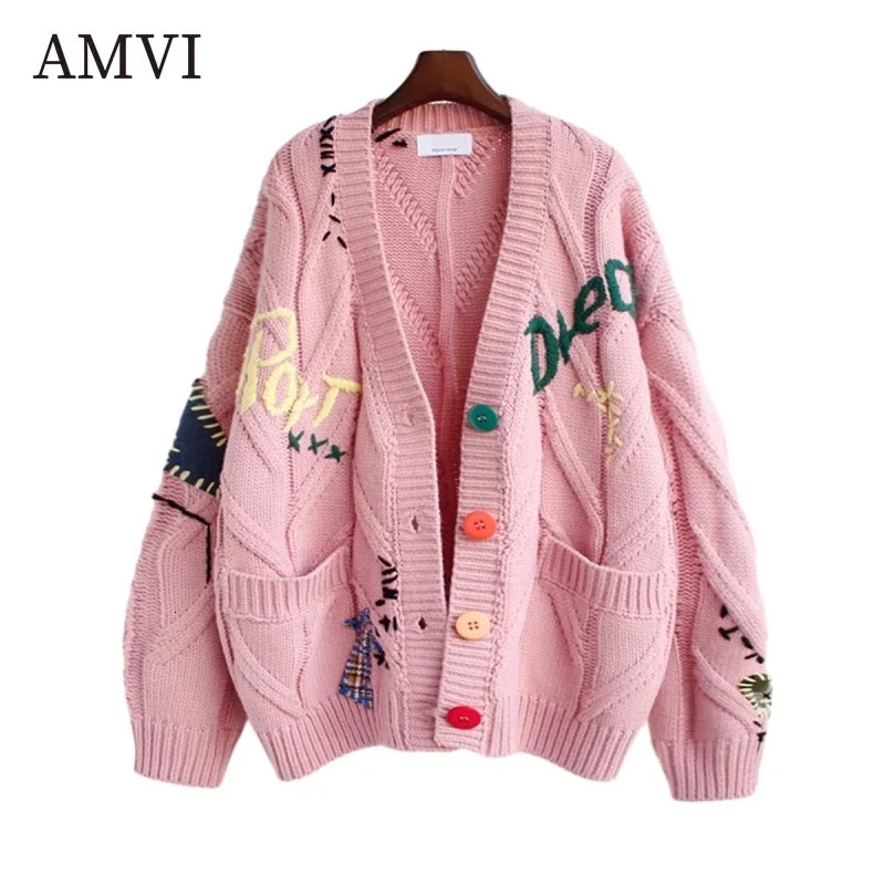 Womens Sweaters Fashion Cardigan Knitted Jacket Autumn Sweater Coat Women Jumper Casual Loose Coats Letter Embroidery Vneck Clothes 231216