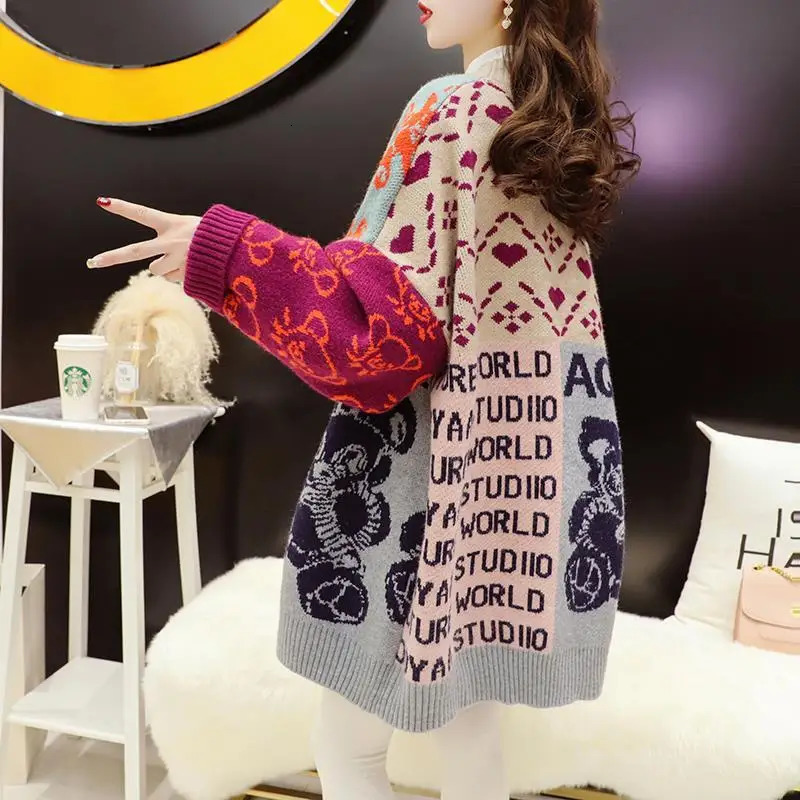 Womens Sweaters Korean Cartoon Sweater Cardigan Mid Length Autumn Wear Loose Fitting Fashion Knitted Outerwear Trend 231216