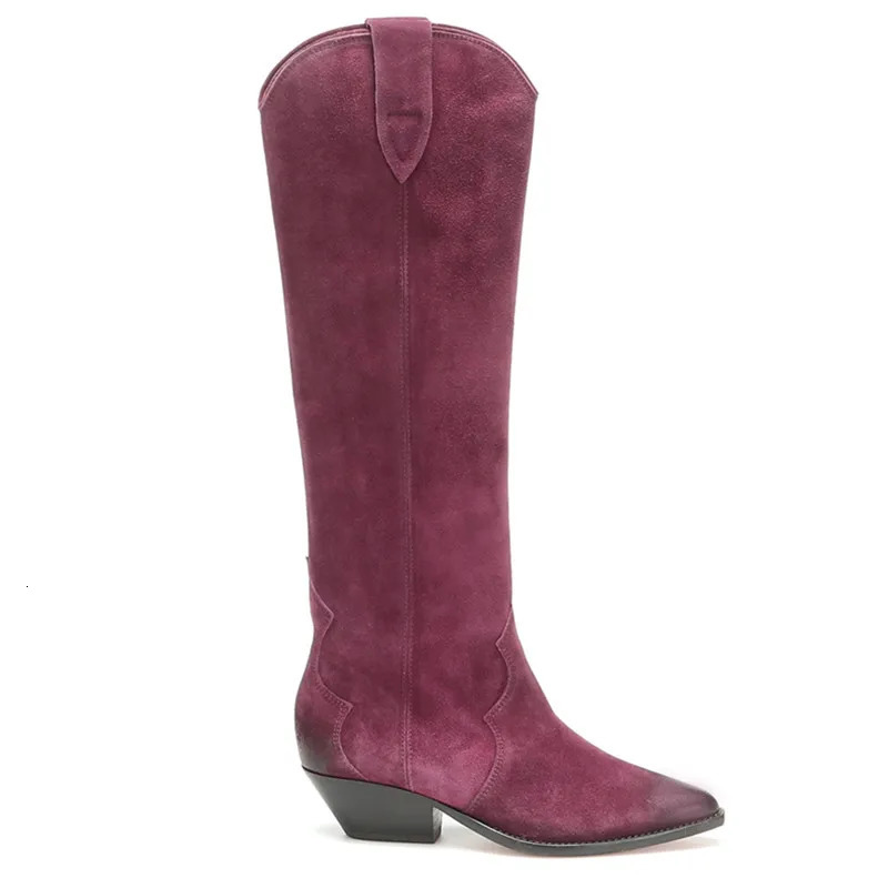 Boots Chunky Heel Western Boots Suede Leather Cowboy High Boots Pointy Retro Female Botas Mujer Handmade Quality Ladies Casual Shoes 231215