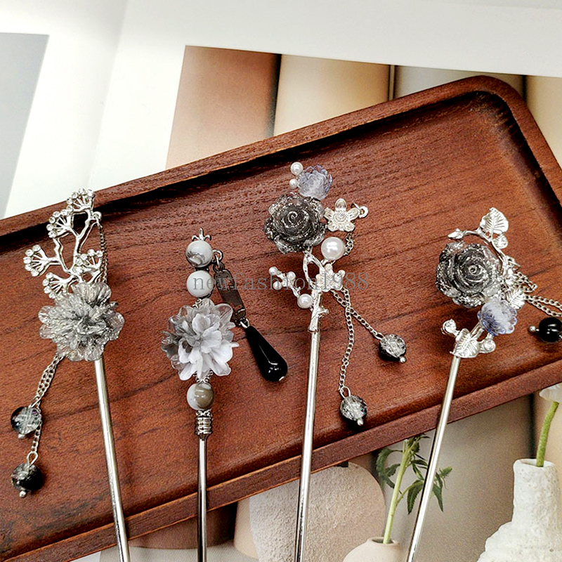 Fashion Retro Metal Ink Flower Hairpin Tassel Pendant Chopstick Hair Sticks Women Girls Elegant Barrette Hair Styling Tools