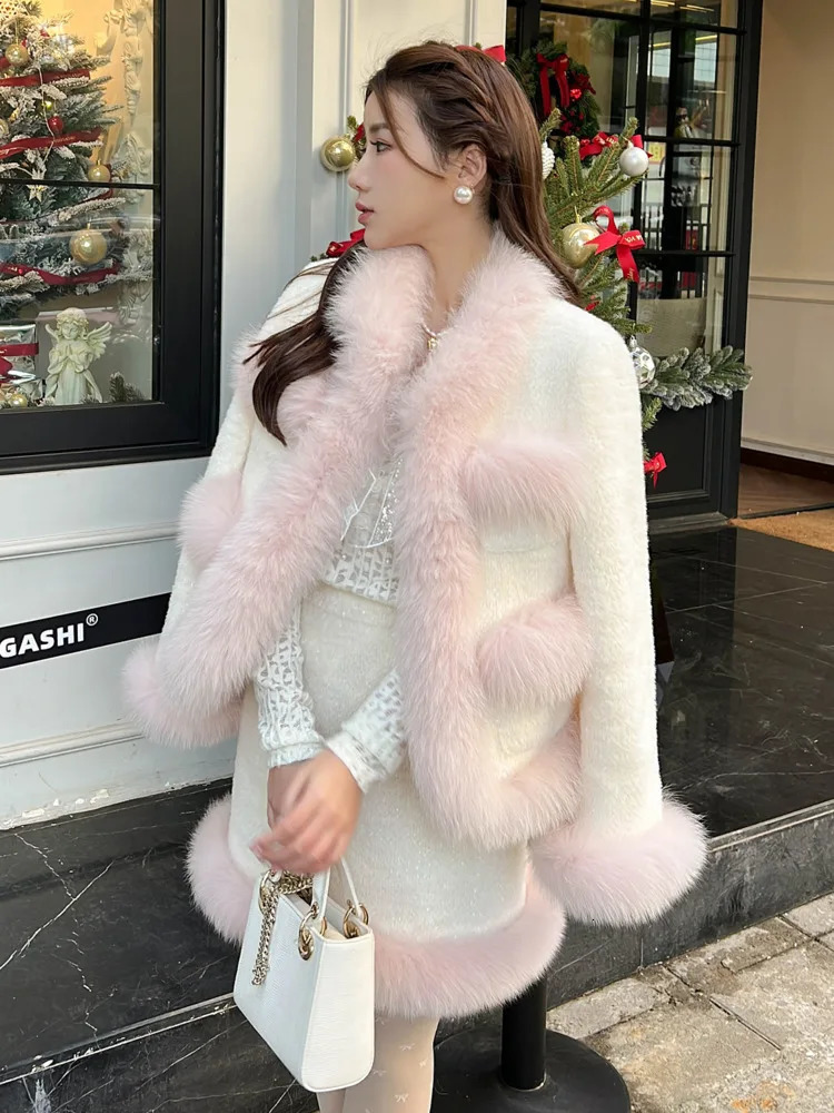 Two Piece Dress High Quality Winter Plush Thick Warm Wool Set For Women Jacket Coat Skirt Suits Girl Korean Sweet 2 Outfits 231216