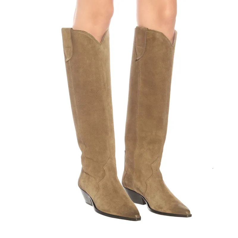 Boots Chunky Heel Western Boots Suede Leather Cowboy High Boots Pointy Retro Female Botas Mujer Handmade Quality Ladies Casual Shoes 231215