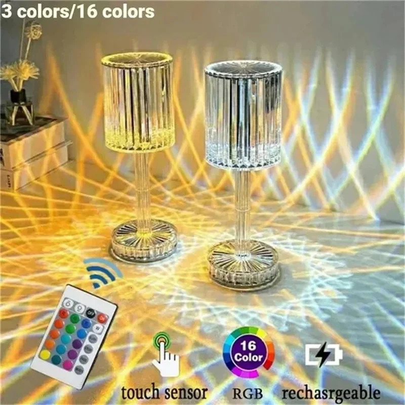 Novelty Items Crystal Table Lamp 3/16 Colors Usb Charging Touch Lamp Diamond Bedroom Atmosphere Lights LED Light Night For Home Xmas Decor 231216