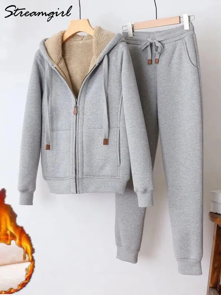 Womens Two Piece Pants Winter warm womens sportswear velvet track set thick hooded jacket and sports pants wool twopiece 231216