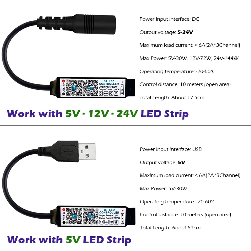 Mini RGB Bluetooth-compatible Controller Music LED Light Strip Controllers for RGBw Tape Lights Smart APP Control DC 5V 12V 24V LL