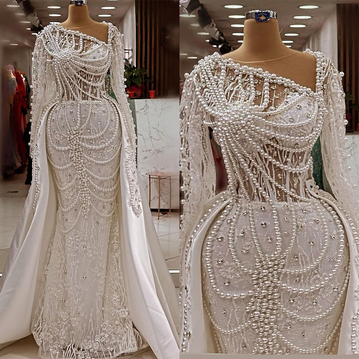 Mermaid Vintage Pearls Wedding Dress Sexy Glitter Lace Beading Arabic Trumpet Full Sleeve Bridal Gowns Robe De Soiree