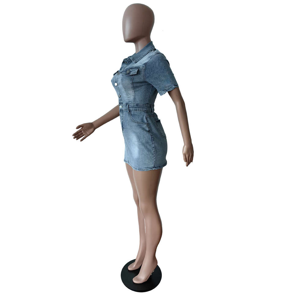 Denim Dress Vestidos Short Sleeve Single Breasted Turn-down Collar Jeans Bodycon Mini Skirt 2024 Spring Fashion Pencil Chic Midi Dresses