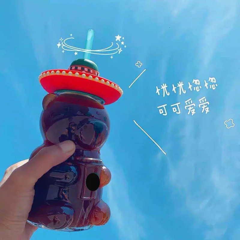Water Bottles Glass Hat Cup With Straw High Borosilicate Modern Simple Wind Cute Cartoon Drink Juice Milk Bottle Kawaii 231216