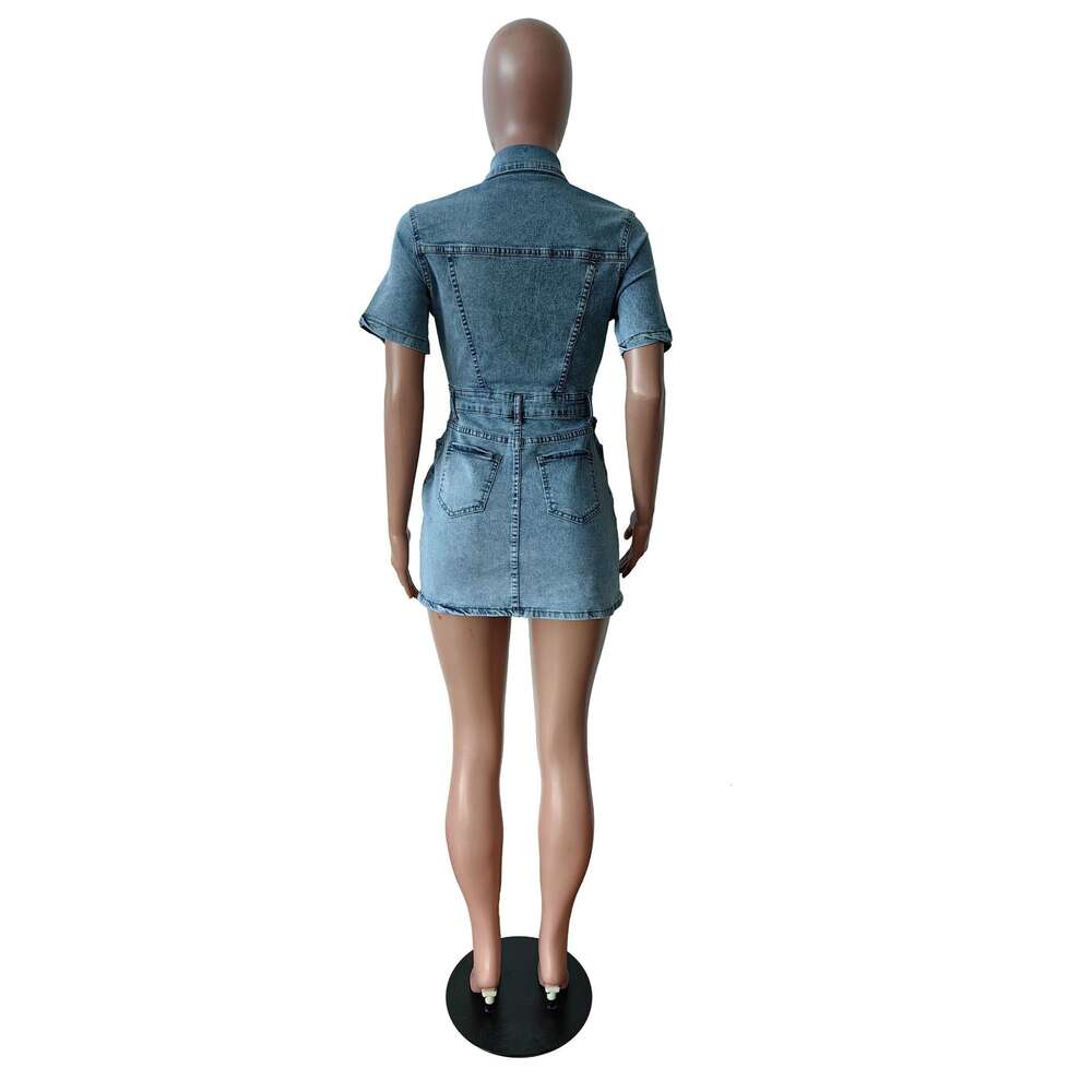 Denim Dress Vestidos Short Sleeve Single Breasted Turn-down Collar Jeans Bodycon Mini Skirt 2024 Spring Fashion Pencil Chic Midi Dresses