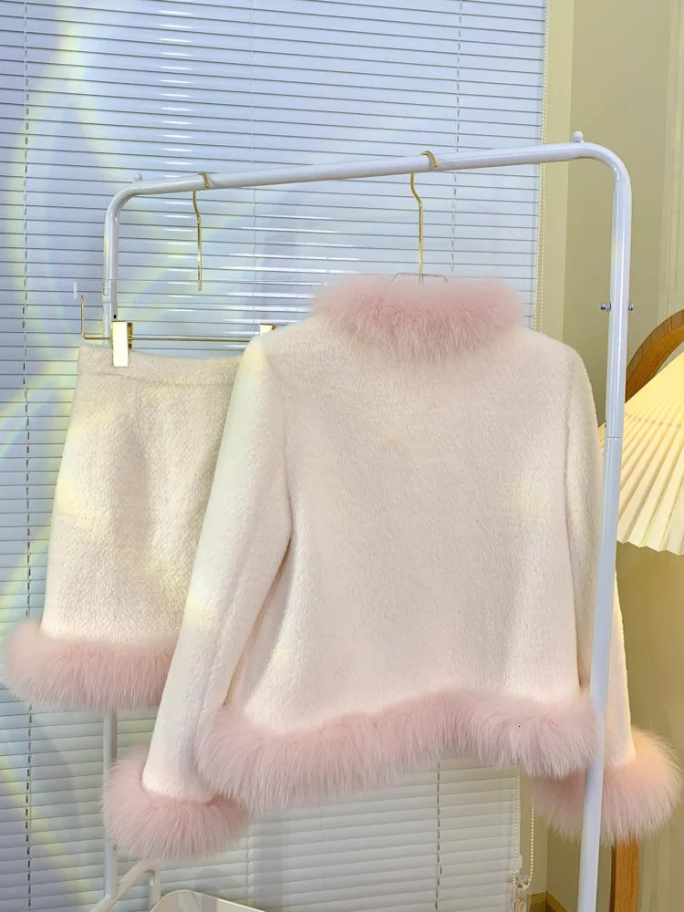 Two Piece Dress High Quality Winter Plush Thick Warm Wool Set For Women Jacket Coat Skirt Suits Girl Korean Sweet 2 Outfits 231216