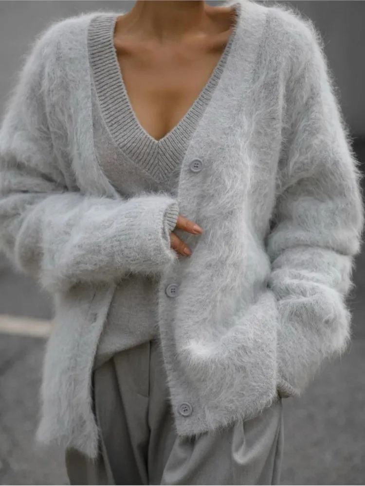 Womens Sweaters Angora Wool Vneck Cardigan For Women Fashion Knitted Single Breasted Short Sweater Fall Winter Solid Warm Long Sleeve Jumper 231216