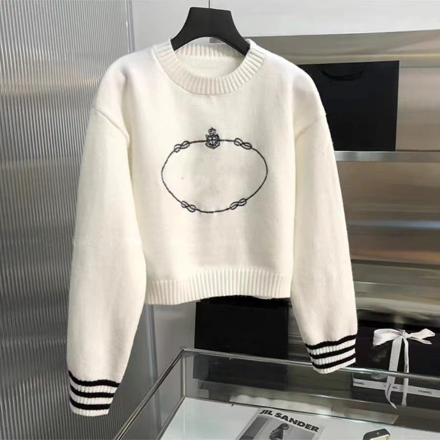 Designer Knitted Triangle Label Sweater, Fashion Crew Neck Long Sleeve Embroidery Color Contrast Loose Wool Sweater b61e