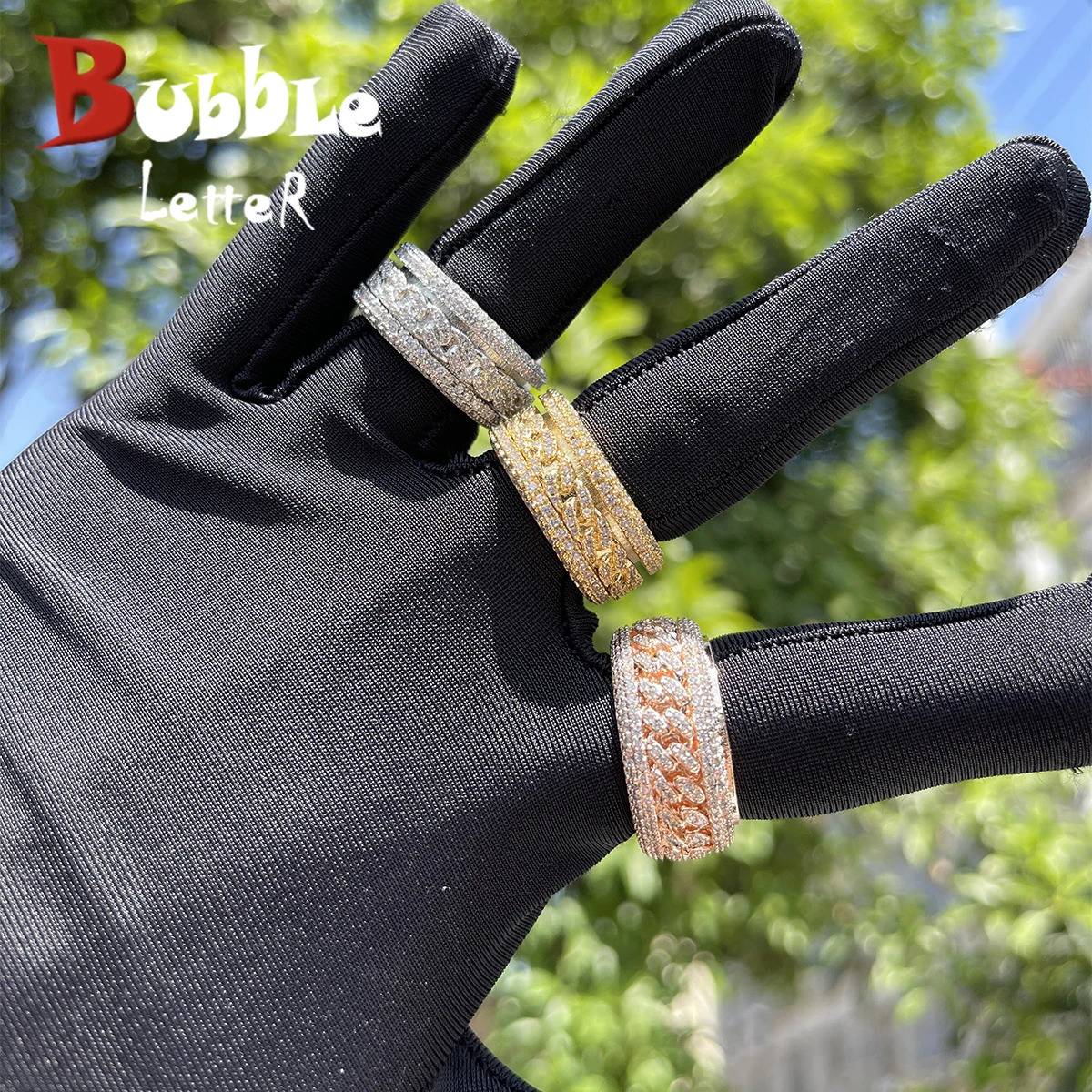 Solitaire Ring Bubble Letter Gold Color for Men Iced Out Real Copper Spinning in the Middle Hip Hop Jewelry Trend Charms Korea 231216