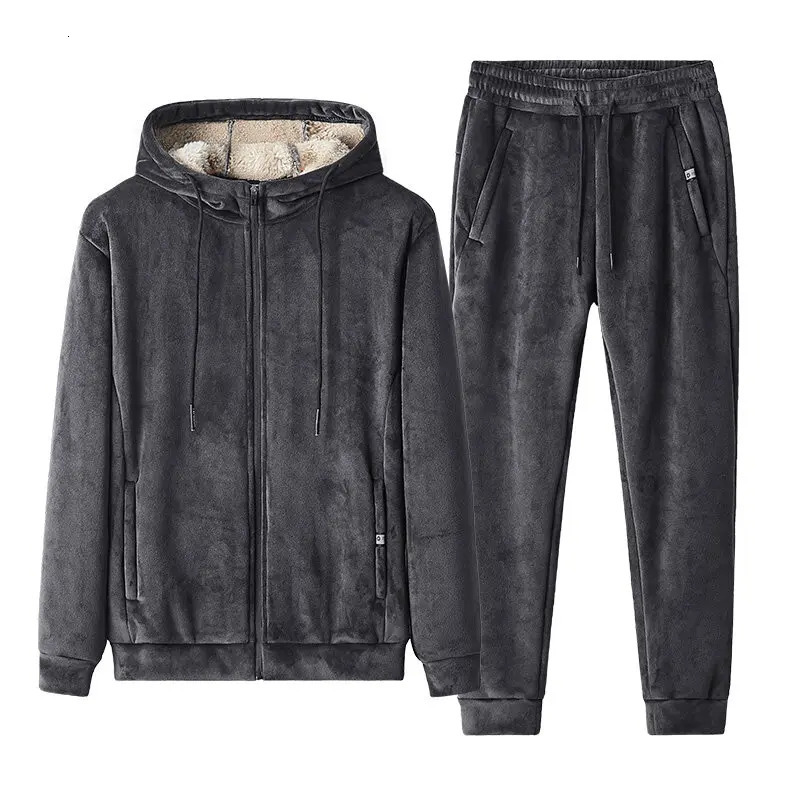 Mens Tracksuits Two Pieces Set Pants Outerwear Soild Color Jacket Thick Fleece Casual Men Winter Warm Cashmere Tracksuit 231216
