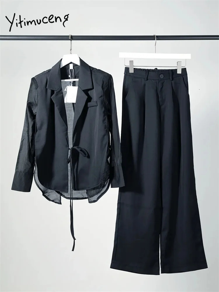 Women's Suits Blazers Yitimuceng Solid Women Office Sets 2023 Fashion Lace Up Turn Down Collar Long Sleeve Loose Wide Leg Pants 231215