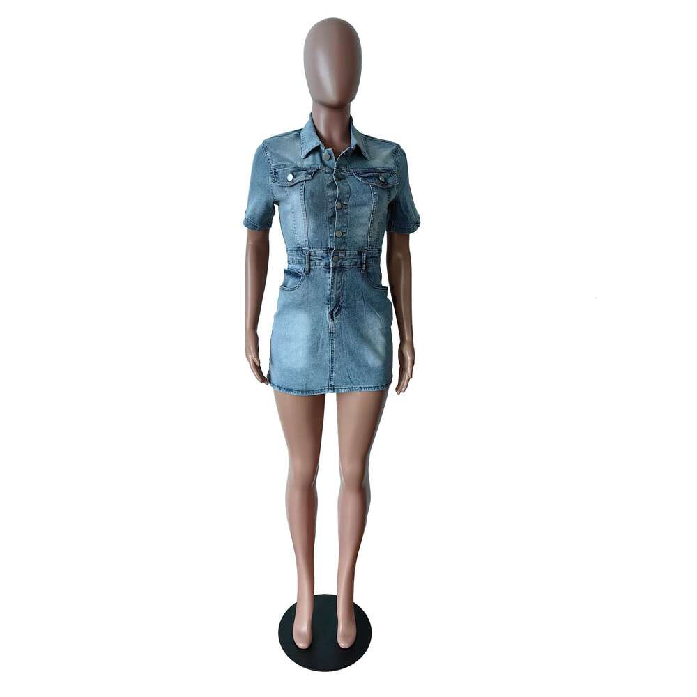 Denim Dress Vestidos Short Sleeve Single Breasted Turn-down Collar Jeans Bodycon Mini Skirt 2024 Spring Fashion Pencil Chic Midi Dresses