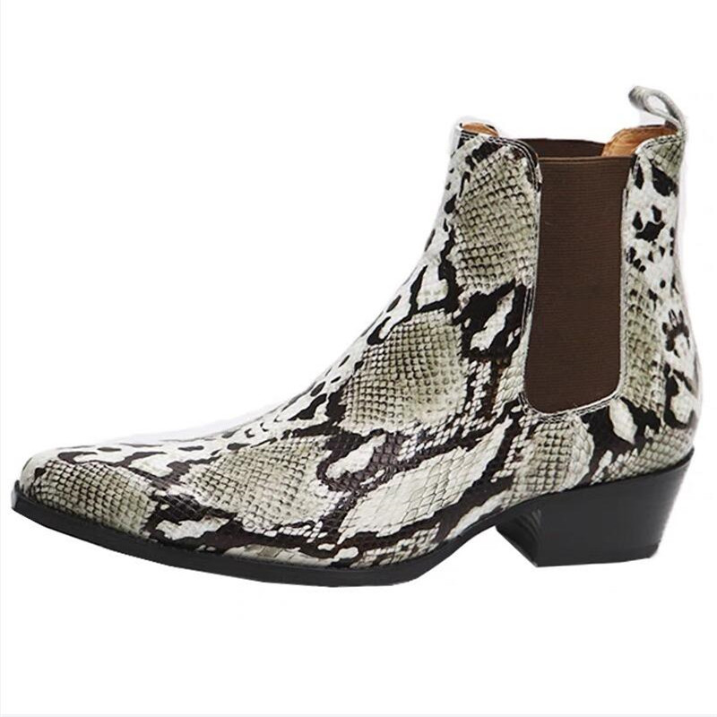 New Fashion Men Genuine Leather Chelsea Boot Pointed Toe Man Comfortable Snakeskin Ankle Boot